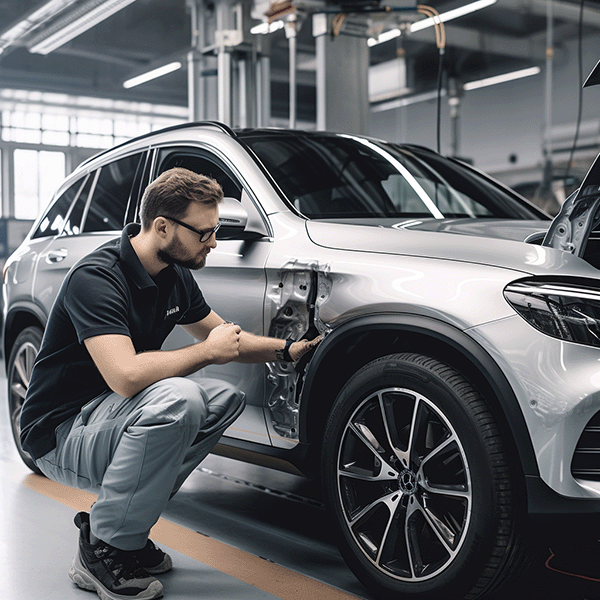 A man working on a mercedes glc in a factory.