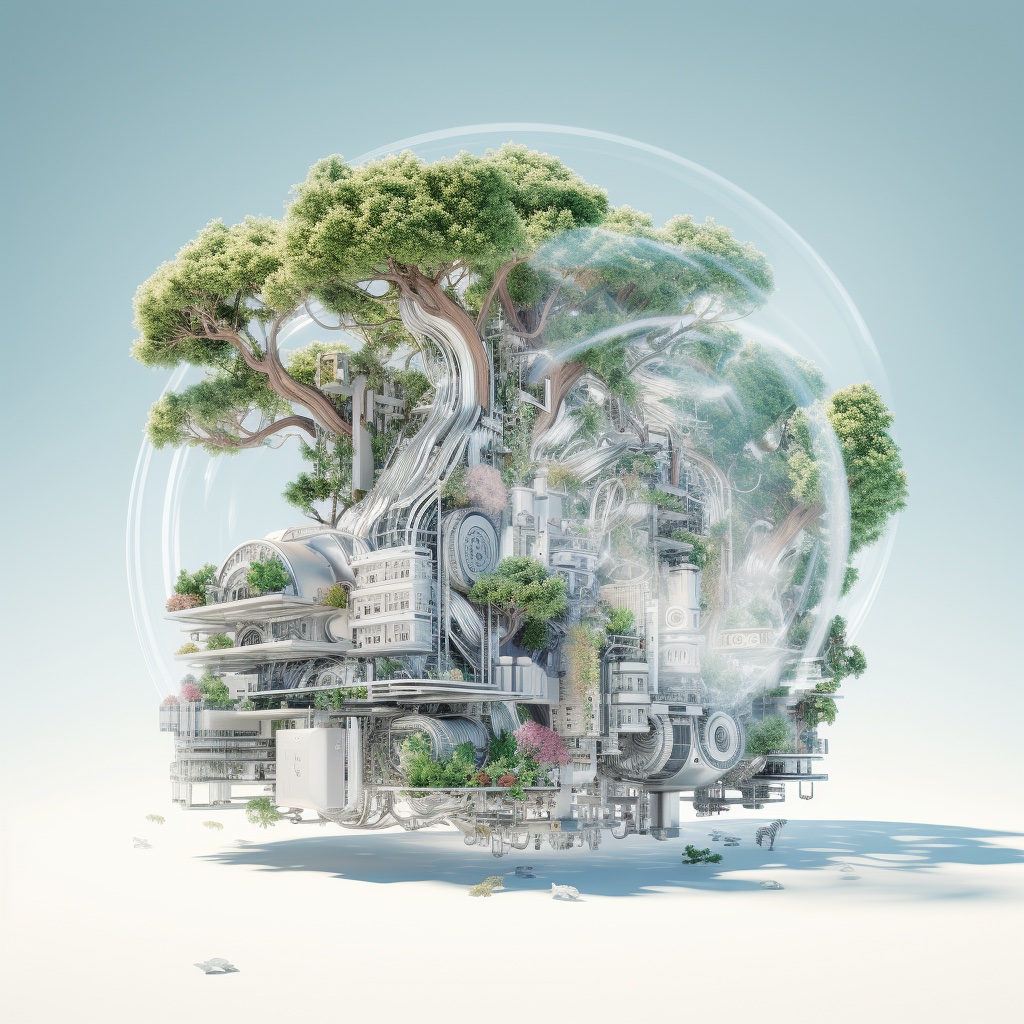3d illustration of a futuristic city with trees and buildings.