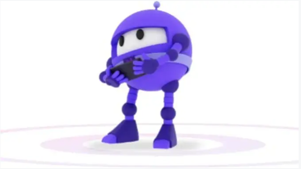 A purple robot is holding a phone.