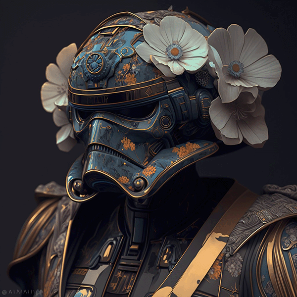 A star wars stormtrooper with flowers on his head.